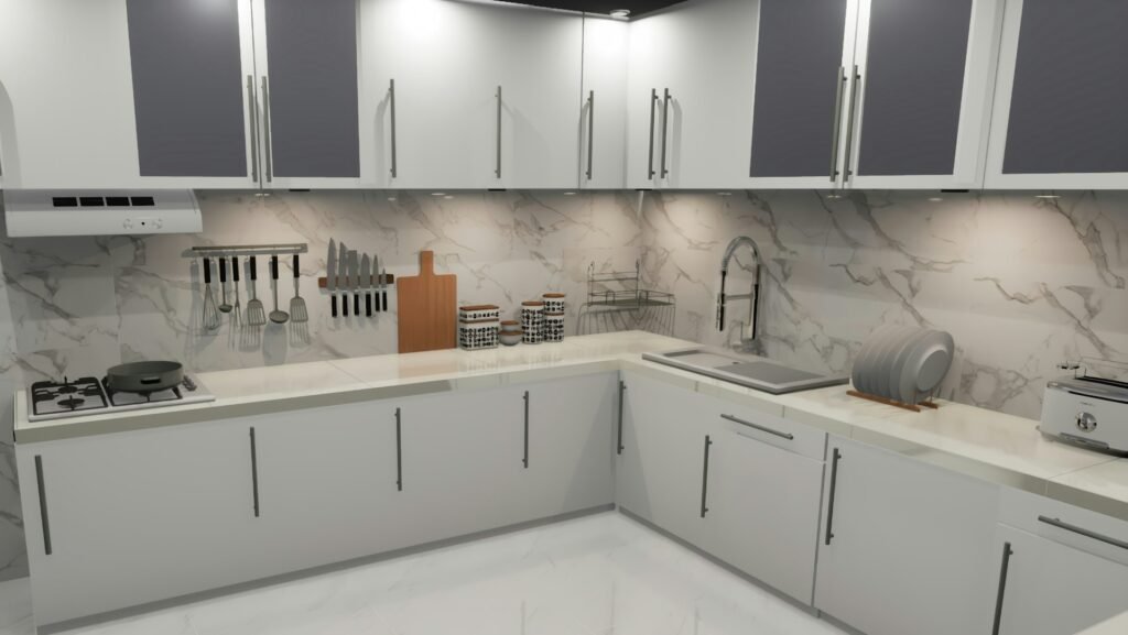 Kitchen set modern dengan kabinet abu-abu